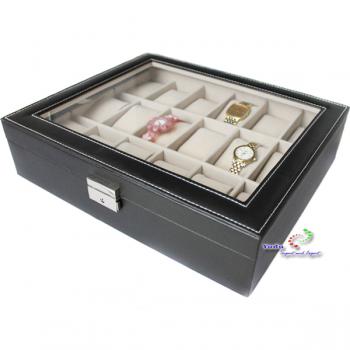 Uhrenkasten Uhrenbox Schmuckkasten Glasdeckel Leder Look mit 18 Uhenkissen