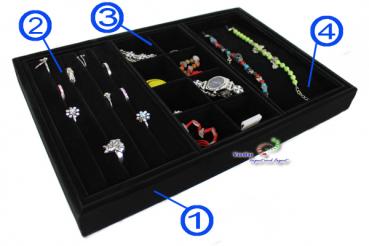 4 tlg.  Vorlagebrett Schmuckkasten Schmucklade Schmuckdisplay Schaukasten mit Haken Fächer für Ringe Ketten schwarz