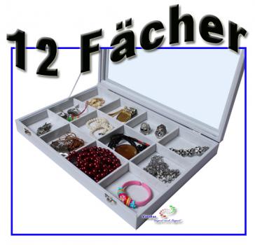 Schmuckkasten Schmucklade Schaukasten Schmuckdisplay Glasdeckel mit 12 Fächern weiss