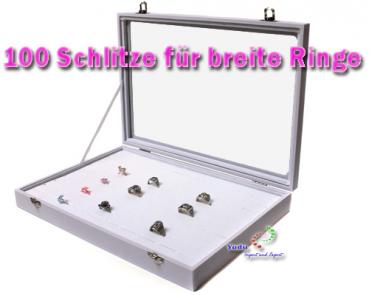 Schmuckkasten Schmucklade Schaukasten Schmuckdisplay mit Glasdeckel mit 100 Schlitze für breite Ringe weiss