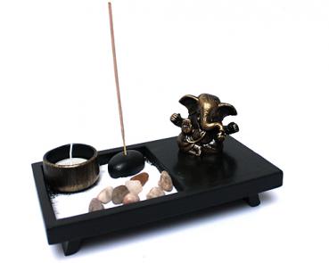 Zen - Garten mit Ganesha Figur Rauchstab Teelichthalter Nr: YD52