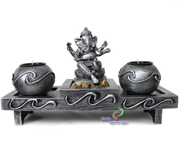 Zen - Garten mit Ganesha Figur Teelichter Stein grau Nr:FH08