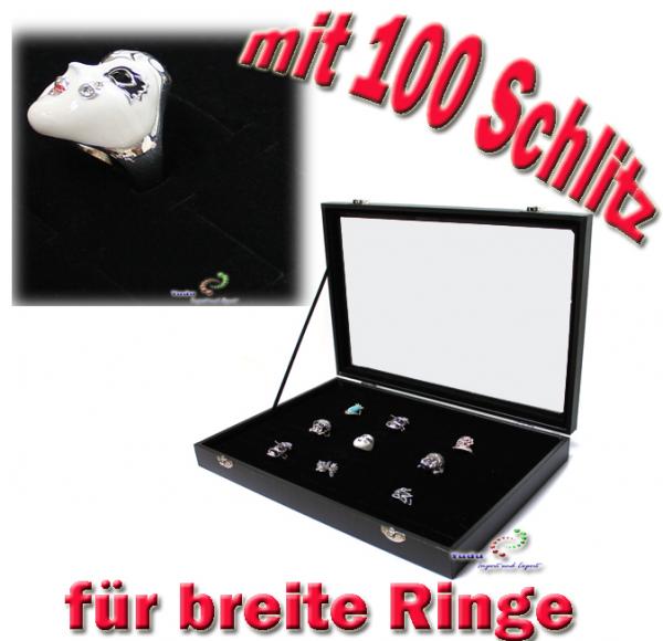 Schmuckkasten Schmucklade Schaukasten Schmuckdisplay mit Glasdeckel mit 100 Schlitze für Breite Ringe schwarz