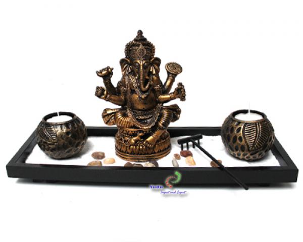 Zen - Garten mit Ganesha Figur Teelichter Sand Stein Nr: YH071