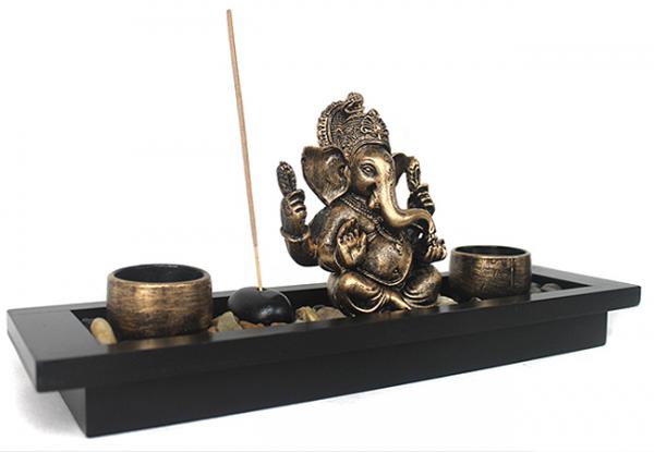 Zen - Garten mit Ganesha Figur Teelichter Stein mit Rauchstab Nr: YH-1418