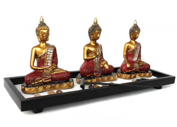 Zen - Garten mit DREI Buddhafiguren mit Holzrechen Dekostein Sand Nr:LW840