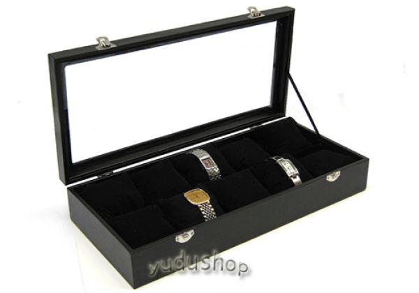 Uhrenkasten Schmuckkasten Schmucklade Schaukasten Schmuckdisplay mit Glasdeckel mit 10 Uhrenkissen schwarz "L"
